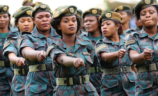 Zambian National Service women march on Women's day.